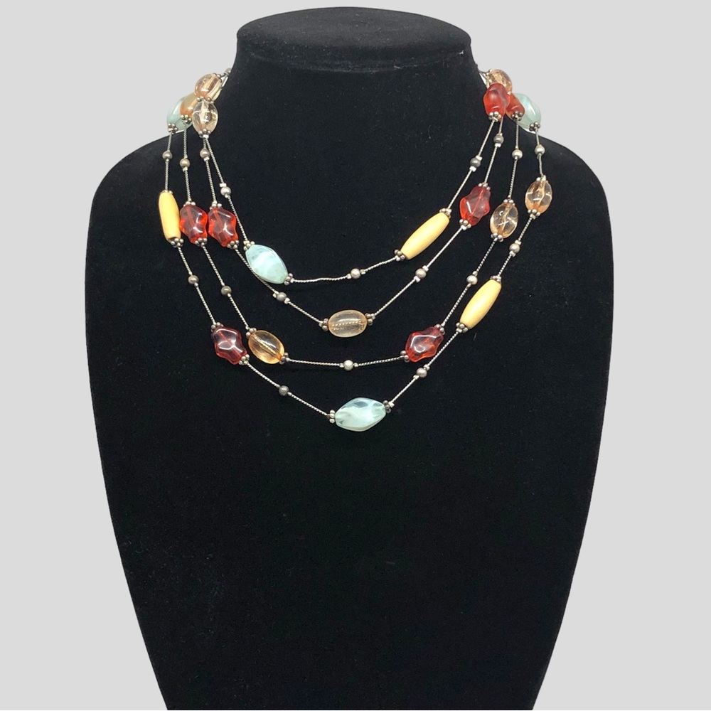 Premier Designs 4 Strand Bib Necklace Glass Wood & Silver Beaded Choker …